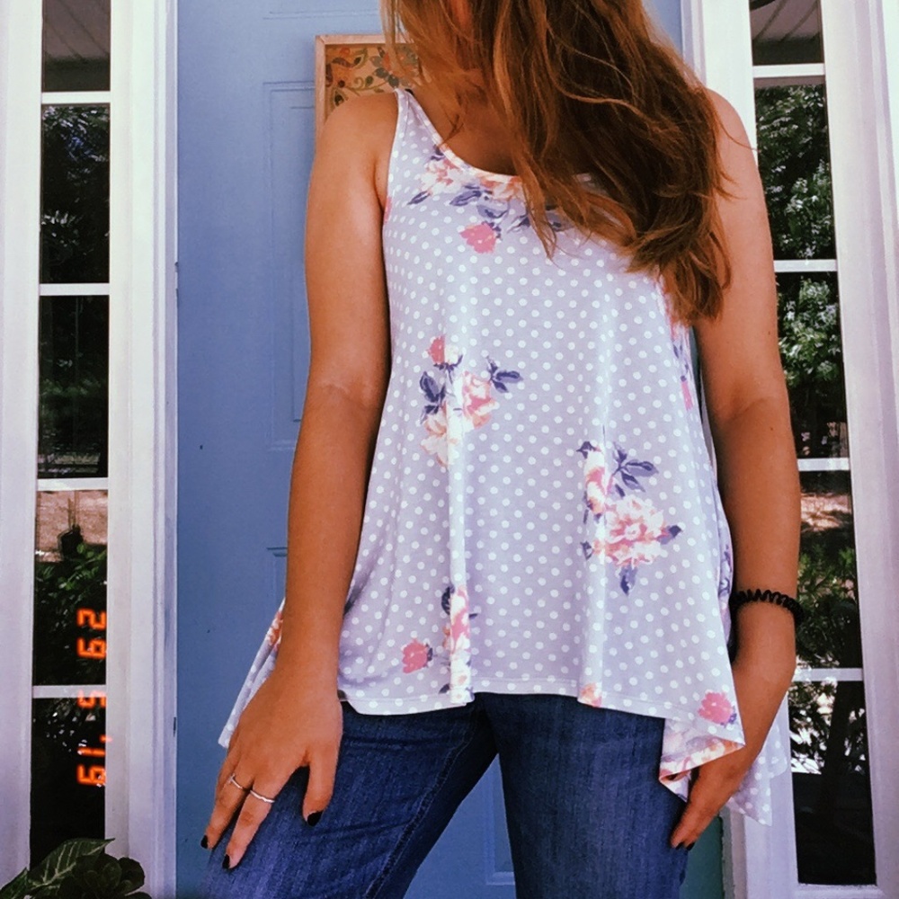 Baby Blue &  White Flower Polka Dot Tank Top